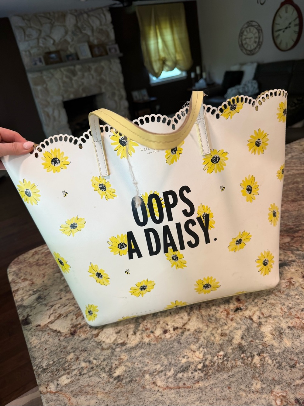 kate spade White Tote with Yellow Daisy Print and Black Lettering